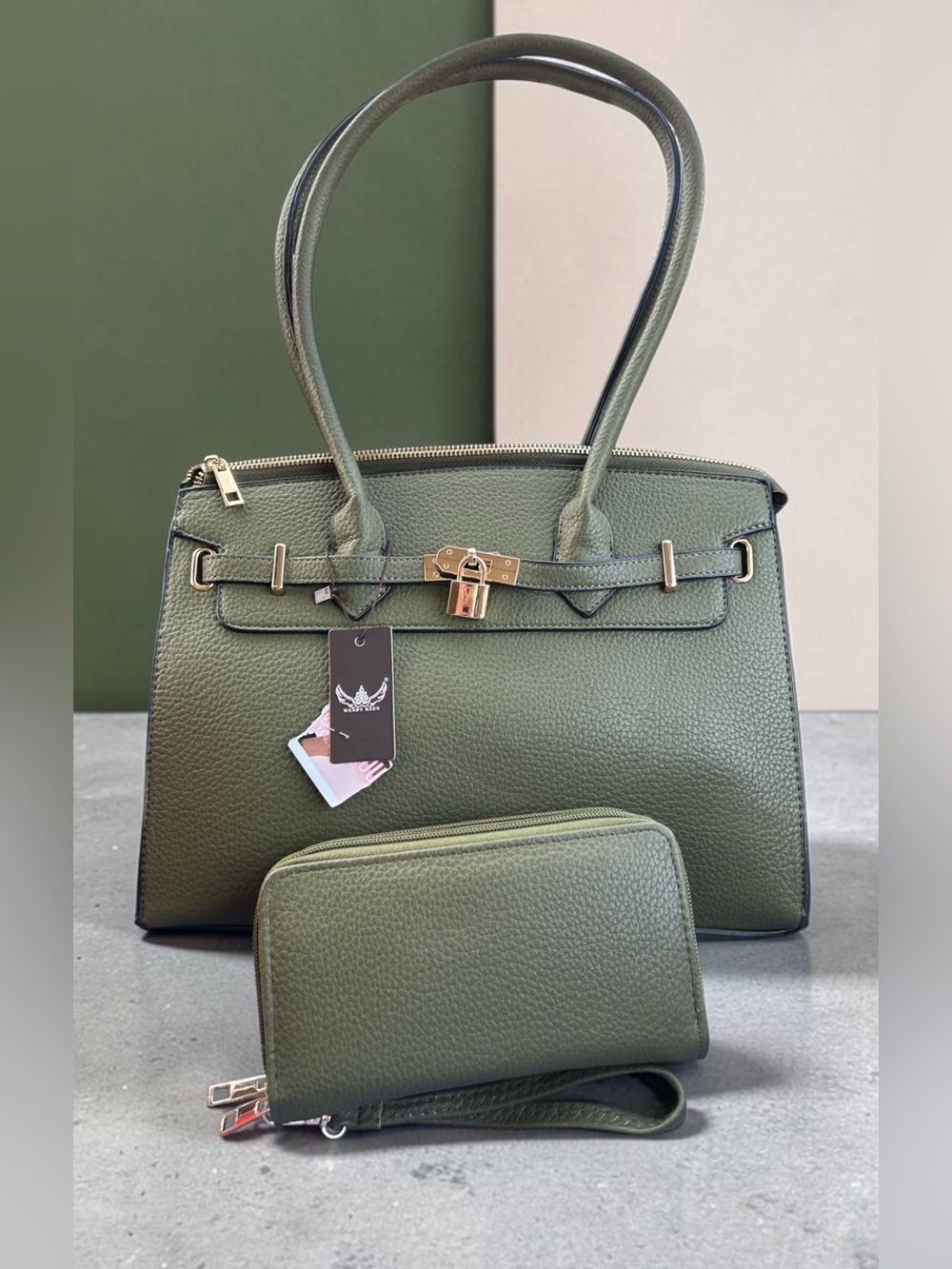 Olive Green Structured Satchel with Matching Wallet by Wendy Keen